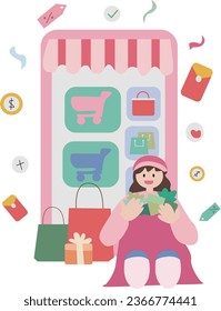 Online-Shopping-Konzept Set. E-Commerce, Kunden verkaufen. Apps auf Mobiltelefonen und Computern. Einzige Vektorgrafik im Flachstil