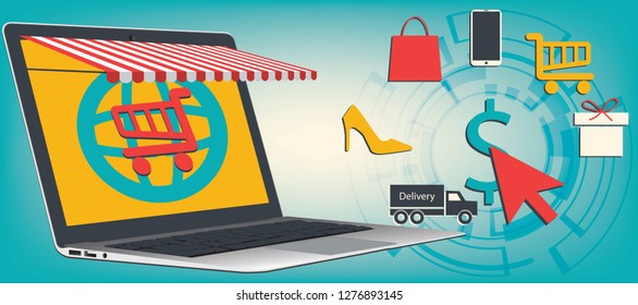 Online shopping concept. Set of flat design vector illustration concepts of online shopping. Laptop, tablet with screen awning. Shopping icons. Flat style, vector illustration.