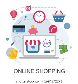 Online shopping concept. Set of flat design concept icons for web and mobile phone services and apps. Icons for mobile marketing and online shopping