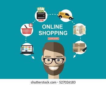 Online shopping concept. Set icons. Flat vector illustration