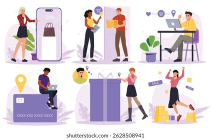 Online shopping concept. Set of people make purchases on Internet during big sale. E commerce and payment for orders by card. Cartoon vector illustration collection isolated on background
