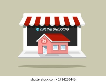 Online Shopping  Concept with Shop Building on Notebook - Vector Illustration