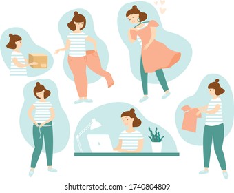 Online shopping concept. Shop from home, Concept of online shopping. woman ordering clothes in internet. Making measurements. Receiving parcel. Find defective goods. trying on a dress. Vector set