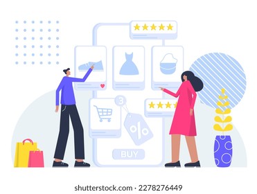 Online shopping concept. Shop in a mobile app, internet store. People order online. A man and a woman buy through the phone. Vector illustration.