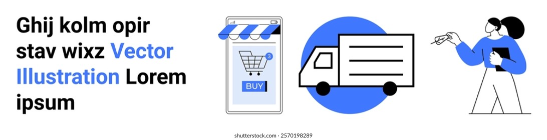 Online shopping concept showing a smartphone with shopping cart, delivery truck, and customer interaction. Ideal for e-commerce, delivery services, retail, logistics, and customer support. Banner