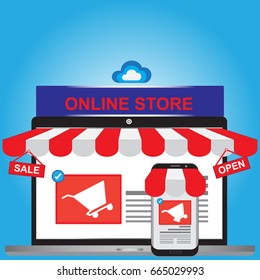 Online shopping concept with silver open shop laptop and mobile open shop with screen sell and open - Shop Online concept
