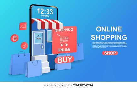 Online shopping concept. Smartphone against sky. Buying goods over Internet. Delivery directly to your home. Internet shops. Cartoon volumetric vector illustration isolated on blue background