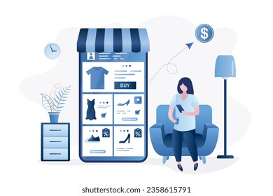 Online shopping concept. Smartphone app, pages with products selection, payment for purchases. Internet shopping, fashion woman use mobile phone. Order clothes from home. Room interior. flat vector