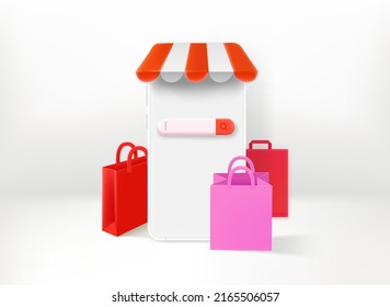 Online shopping concept with smartphone and shopping bags. 3d vector illustration
