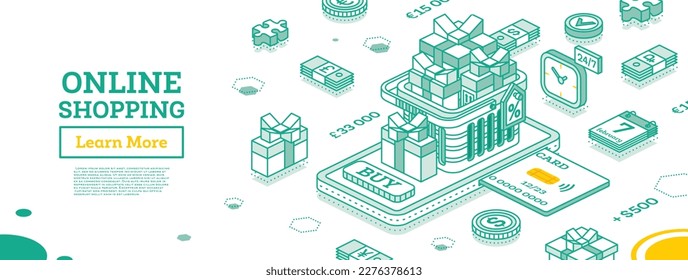 Online Shopping Concept wıth Smartphone, Basket and Gift Boxes. Isometric Outline Scene. Sale, Consumerism, Buy Online and E-commerce Concept. Vector Illustration.