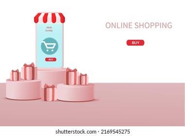 Online Shopping Concept with Smartphone on 3D Podium and Pink Box Package Vector Illustration. Suitable for promotion of digital stores, web and ad. illustration