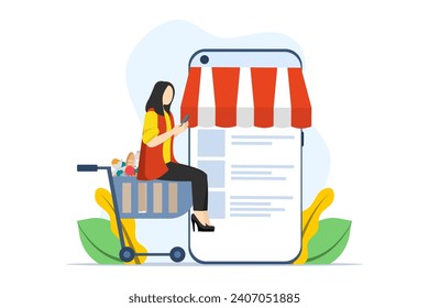 online shopping concept in social media application. woman sitting in shopping cart with Smartphone with shopping bags, chat message, delivery. suitable for digital shop promotions. vector.