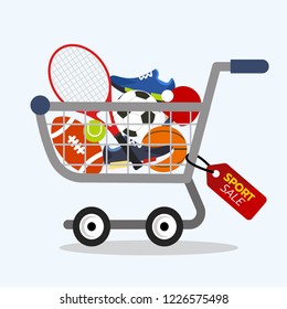 Online shopping concept. Sport equipment sale with shopping cart on white background. Flat vector illustration
