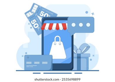 Online Shopping Concept. Online store, big sale, special discount, social advertising. Mobile and digital marketing. Vector illustration graphic elements, signs, symbols. Minimalist cartoon style.