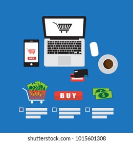 Online shopping concept. Online store objects and banner. laptop, credit cards, vector illustration.