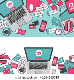Online shopping concept. Online store objects and banner. Table with laptop, shopping bags, credit cards, gifts and coupons. Flat style, vector illustration.