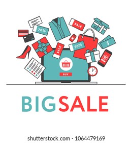 Online shopping concept. Online store objects and banner. Table with laptop, shopping bags, credit cards, gifts and coupons. Flat style, vector illustration.