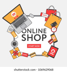 Online shopping concept. Online store objects and banner. Table with laptop, shopping bags, credit cards, gifts and coupons. Flat style, vector illustration.