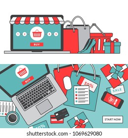 Online shopping concept. Online store objects and banner. Table with laptop, shopping bags, credit cards, gifts and coupons. Flat style, vector illustration.