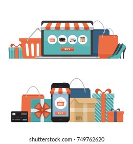 Concepto de compras en línea. Tienda en línea objetos y banner. Mesa con ordenador portátil, bolsas de compras, tarjetas de crédito, regalos y cupones. Estilo plano, ilustración vectorial.