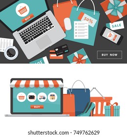 Online shopping concept. Online store objects and banner. Table with laptop, shopping bags, credit cards, gifts and coupons. Flat style, vector illustration.