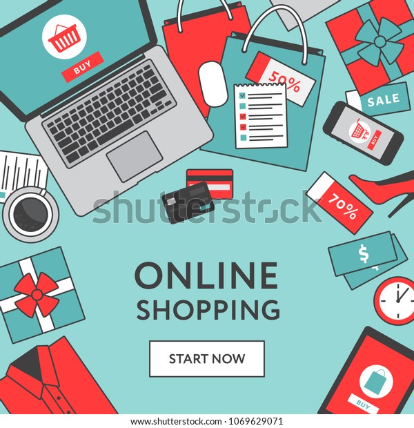 Online shopping concept. Online\
store objects and banner. Table with laptop, shopping bags, credit\
cards, gifts and coupons. Flat style, vector\
illustration.