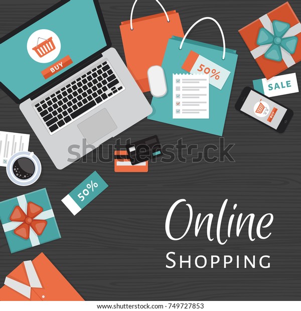 Online shopping concept. Online\
store objects and banner. Table with laptop, shopping bags, credit\
cards, gifts and coupons. Flat style, vector\
illustration.