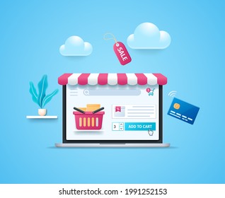 Online shopping concept. Store on laptop screen with striped awning. Boxes in a basket. Purchase process. Web vector illustrations in 3D style