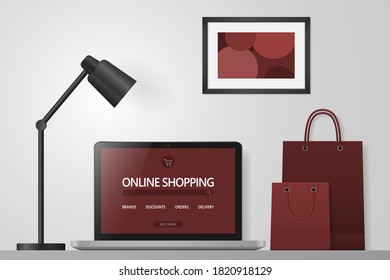 Online shopping concept. Online store website on computer screen.. Workspace with laptop and shopping bags . Vector illustration