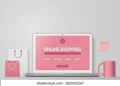 Online-Shopping-Konzept. Online-Shop-Website auf Computer-Bildschirm.. WorkSpace mit Laptop und Einkaufstaschen . Vektorgrafik