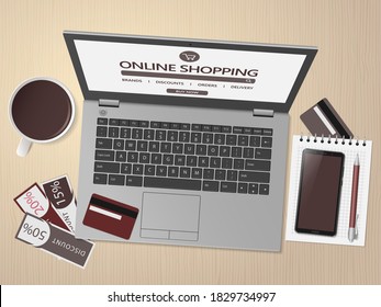 Online shopping concept. Online store website on computer screen.. Workspace with laptop, smartphone, credit cards and discount coupons. Top view, flat lay. Vector illustration