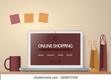 Online shopping concept. Online store website on computer screen.. Workspace with laptop and shopping bags . Vector illustration