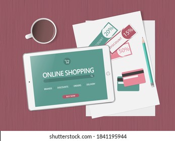 Online shopping concept. Online store website on tablet screen. Workspace with tablet, credit cards and discount coupons. Top view, flat lay. Vector illustration