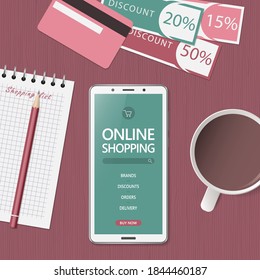 Online shopping concept. Online store website on phone screen. Workspace with smartphone, credit cards and discount coupons. Top view, flat lay. Vector illustration