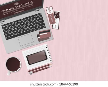Online shopping concept. Online store website on computer screen.. Workspace with laptop, smartphone, credit cards and discount coupons. Top view with copy space, flat lay. Vector illustration