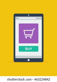 Online Shopping Concept. Tablet on Yellow Background. Flat Design Style. 