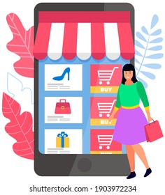 Online shopping concept. Tablet pc, smartphone screen with buy icons and a smiling woman buyer. Happy girl standing with shopping bag near her phone. Female character buys on online commerce