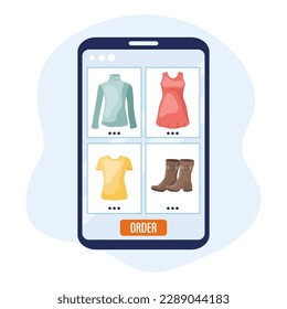 Online-Shopping-Konzept. Eine Tablette mit einem Bildschirm eines Bekleidungsgeschäfts. Illustration, Symbol, Vektorgrafik.