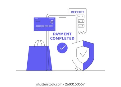 Online shopping concept template, Transaction, Mobile banking, Cashless payment, Secure digital payment, E-banking app, Credit card payment, E-bill. Flat Cartoon Vector Illustration, icon. Stylish web
