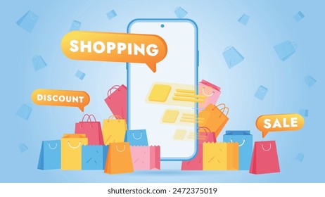 Online shopping concept, templates for online marketing and shopping. Flat design of online shopping with campaign, discount, promo, and sales. Digital marketing for web design, banner, landing page.