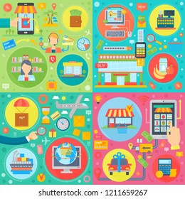 Online shopping concept templates set. Mobile shopping industry services, mobile digital marketing vector illustrations set.