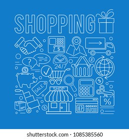 Online Shopping Concept with Thin Lines Web Icon for Flyer, Poster, Sale Cart, Web Site Like Shop, Delivery, Support. Isolated vector illustration
