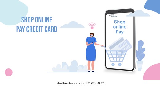 Online shopping concept Through mobile apps, flat design style cute cartoon vector illustrations.