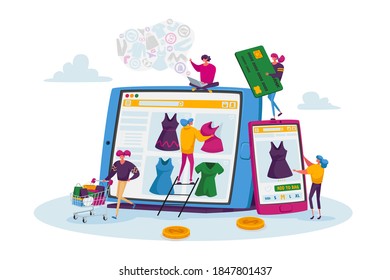 Concepto de compras en línea. Pequeñas personajes femeninos con tarjeta de crédito comprando artículos en una enorme pantalla de gadget. Marketing digital, compra, negocio de tiendas de Internet. Ilustración de vectores de personas de caricatura