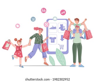 Online shopping concept with tiny people around smartphone. Family with children buying clothes and toys in internet shop via mobile app, cartoon vector illustration isolated on white background.