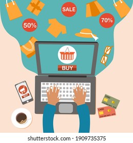 concepto de compra en línea vista superior con ordenador portátil, smartphone, bolsas de compra,