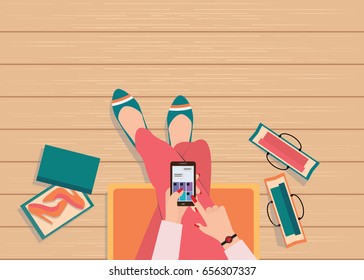 Online shopping concept with top view of female using smart phone to searching internet to shopping fashion, vector illustration. 
