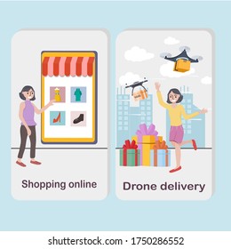 Online shopping concept and transportation and logistic digital and fast delivery service. Happy young woman shopping online on a smartphone and delivery product by modern drones. Vector illustration.