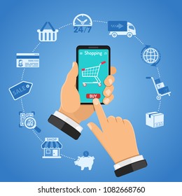 Online Shopping Concept with two color flat icons. Man holding smartphone in hand and buys goods online. Isolated vector illustration