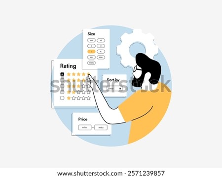 Online shopping concept with user filtering products by rating, price and size. E-commerce browsing, product sorting, customer reviews and personalized shopping experience. Vector illustration